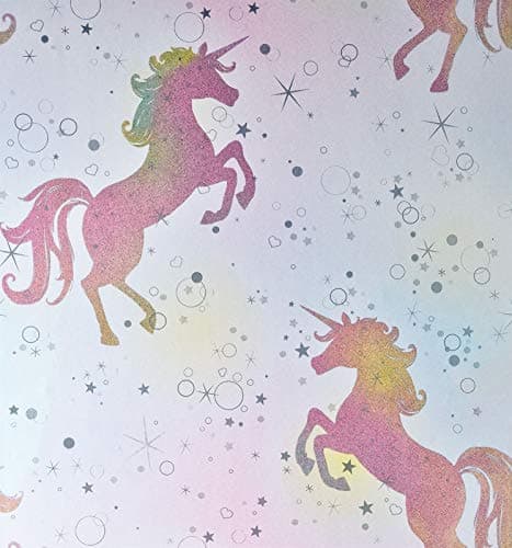 Image of Girls Pink Purple Unicorn Theme Silver Glitter Vinyl Wallpaper Metallic Effect