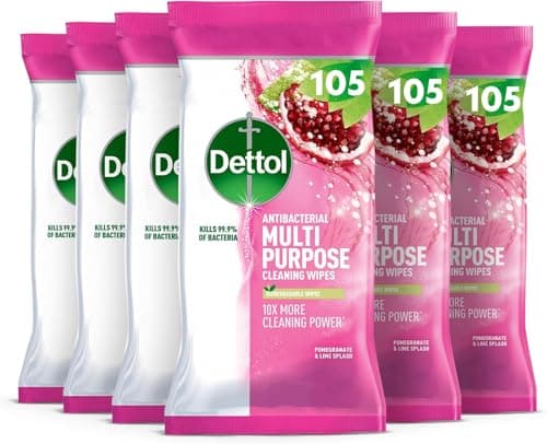 Image of Dettol Antibacterial Multipurpose Cleaning Wipes, Pomegranate & Lime, 630 Wipes (105 x 6pck) Disinfectant, Biodegradable, 10X Cleaning power vs Water alone, Kills 99.9 Percent of Germs