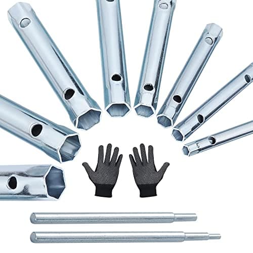 Image of EMAGEREN 10 Pcs Metric Box Spanner Duel-Ended Wrench Socket Back Nut Tap Spark Plug Spanner Shower Valve Socket Wrench Set with Tommy Bar and Non-Slip Gloves for Water Tap Installation and Maintenance