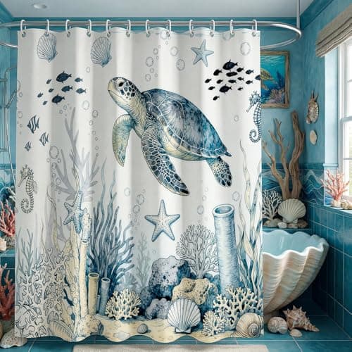 Image of AURISSE Ocean Theme Shower Curtain with Turtle Coral & Starfish, 180 x 180 cm Waterproof & Quick-Dry Polyester Fabric with 12 Hooks, Machine Washable Bathroom Decor (Ocean 20-3)