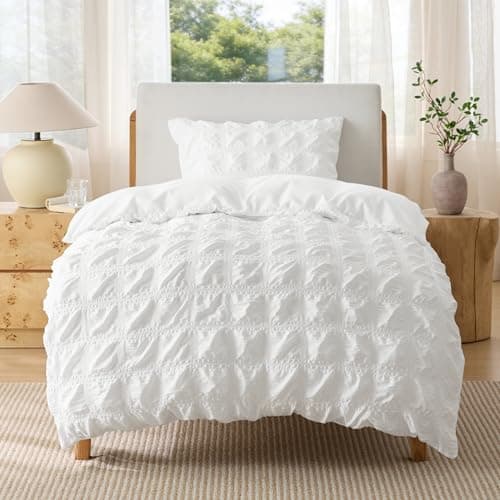 Image of Bedsure Single Duvet Cover Set – White Seersucker Duvet Cover Sets, Puckering Textured Bedding Set, Soft Breathable Quilt Cover with Zipper Closure, 135x200 cm with 1 Pillowcase