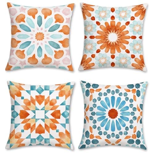 Image of Bonhause Summer Boho Cushion Covers 45 x 45 cm Morrocan Mandala Floral Decorative Throw Pillow Covers for Sofa Bed Patio Home Decor Set of 4
