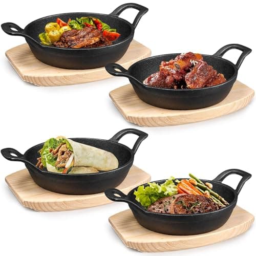 Image of OJMHD 4 Set Mini Cast Iron Skillets, 16 cm Small Cast Iron Pan with Wooden Board, Round Ironed Serving Plates with Handles, Gratin Casserole Cookware for Oven Safe Kitchen Baking Cooking Frying