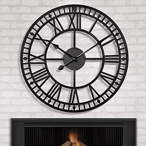 Image of HAITANG Large Metal Iron Retro Wall Clock Silent Non-Ticking Battery Operated Vintage Metal Roman Numerals Round Modern Clocks For Living Room Decor -Black 40cm