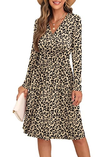 Image of GRECERELLE Womens Autumn Wrap Dress Ladies Casual Long Sleeve V-Neck Midi Dresses for Women (FP Leopard Khaki, L)