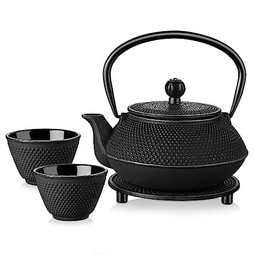 Image of Velaze Iron Teapot set, Traditional Japanese Tetsubin Tea Kettle Cast Iron Teapot with Stainless Steel Infuser, Antique Small Dot Design, 2 Iron Cups and Trivet Stand Tray, 700ML/ 24OZ