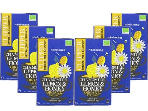 Image of Clipper Organic Chamomile Lemon & Honey Herbal Tea, 20 Tea Bags, Naturally Caffeine-Free, Plastic-Free Plant-Based Teabags, Organic & Vegan, (Pack of 6) from SuperfoodUK
