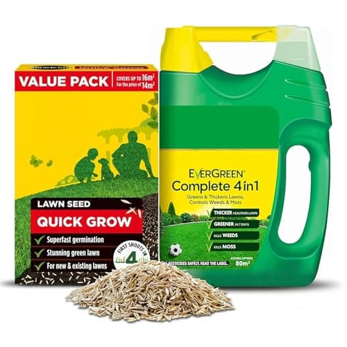 Image of Fast Growing Grass Seed Bundle - Miracle Quick Grow Lawn Seeds 480g 16m2 & Complete 4in1 Lawn Food Spreader 2.8kg 80m2 Spring Lawns Feed Weed and Moss Killer with Topline Card