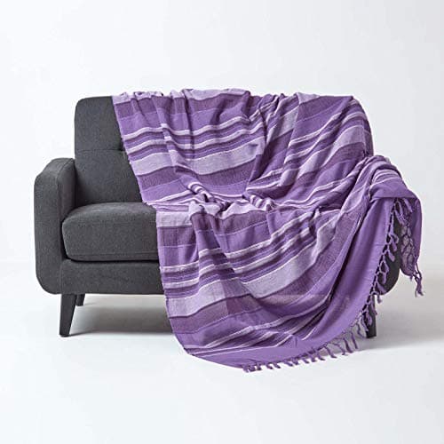 Image of HOMESCAPES Large Purple Mauve Throw “Morocco” Cotton Textured Stripe Throw 225 x 255 cm Bedspread Sofa Throw Handmade Suitable for 2 or 3 Seater Sofas or Double and King Size Beds Machine Washable