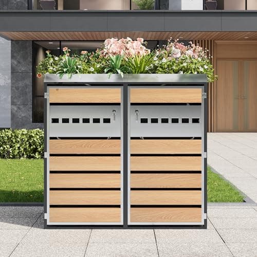 Image of Double Wheelie Bin Storage for 120-240 L, Weatherproof Galvanized Steel Outdoor Garbage Can Store with Planter Roof & Lockable Doors, Double Wheeled Bins Hideaways Garden Bin Storage Box Bin Shed