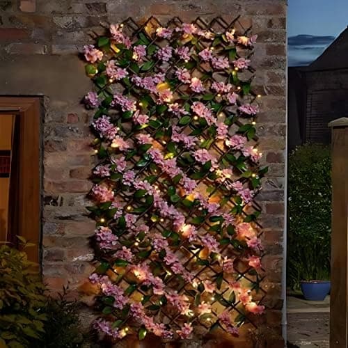 Image of Garden Mile Solar Pink Blossom Trellis - Expandable Artificial Living Wall Panel, UV-Protected Willow Privacy Fence Screening with 75 Warm White Solar String Lights for Outdoor Garden Decor