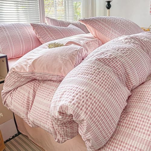 Image of Guchuang Bedding Seersucker King Size Duvet Cover Set, Pink Seersucker Design 3-Piece Bedding Set - Soft Microfiber, Wrinkle-Resistant & Decorative Duvet Cover with Hidden Zipper (King, 220x230cm)