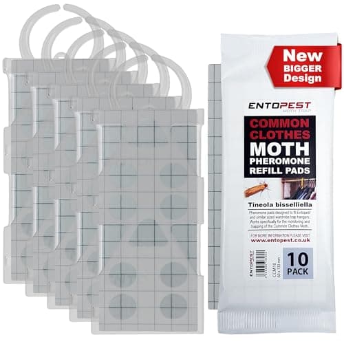 Image of Entopest Monitoring Moth Traps | 10 Refill Pads & 5 Reusable Hangers | Clothes Moth Detection | Sticky Monitoring Pads for Wardrobes | Pheromone-Based Monitoring Only
