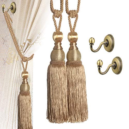 Image of VEGCOO 4 Pack Handmade Curtain Clips Tiebacks Set, 2 Pack Europe Buckles Hold backs Tassel Ball Rope with 2 Pack Curtain Tieback Hooks(Gold)