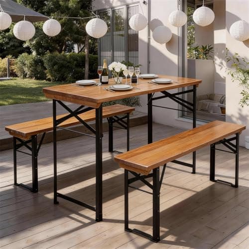 Image of Bonnlo 3 Piece Folding Picnic Table Set with Benches, 4FT Wooden Trestle Beer Table for Outdoor Garden Camping, Foldable Fir Wood Dining Set with Steel Legs for Patio BBQ Party, Walnut