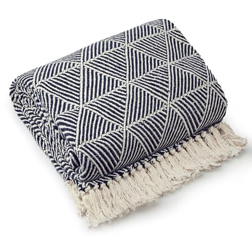 Image of Emma Barclay Throw Blanket For Sofas Bed Extra Large Recycled Cotton Throws For Settees In Navy Throw Scandi Woven Blankets - Zahra Collection 50" x 60" (127cm x 152cm) Navy