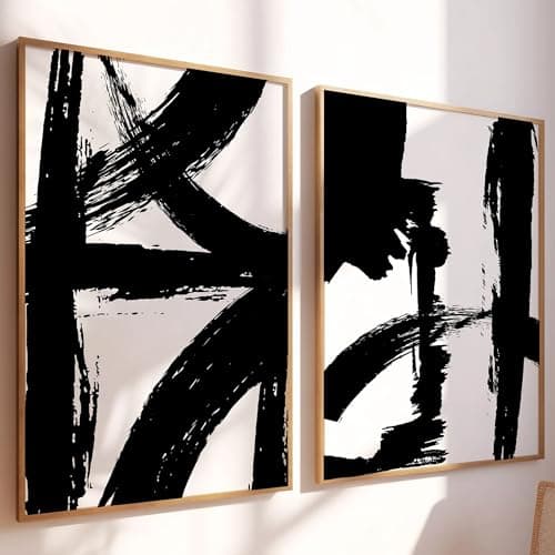 Image of Modern Abstract Wall Art, Set of 2, Black and White Brush Stroke Prints (Unframed) (A3-29.7 x 42cm)