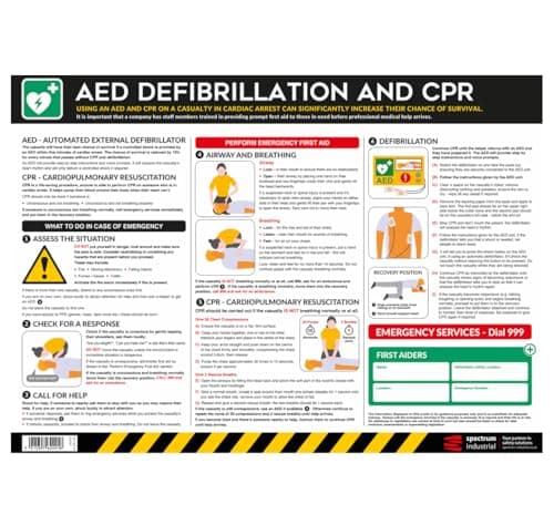 Image of AED Defibrillation and CPR Safety Poster - A2 Anti Scuff PVC | Emergency Cardiac Arrest Response Guide | Health & Safety Sign for Workplace Compliance