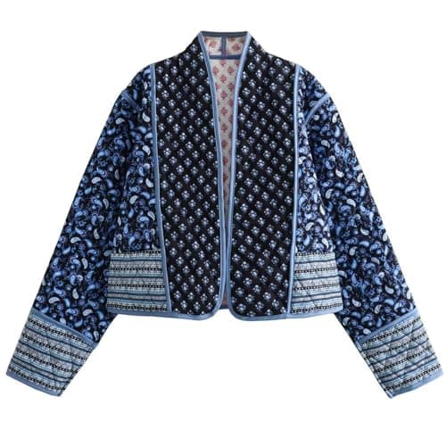 Image of Yimoon Women's Quilted Jacket Lightweight Floral Print Cropped Puffer Coat Short Padded Open Front Winter Outwear, Black, L