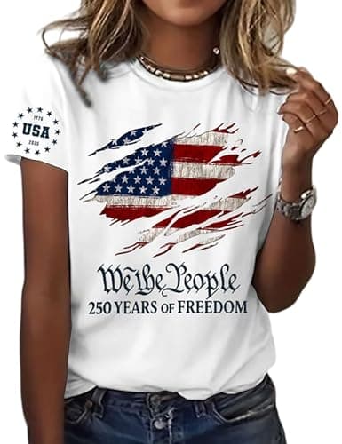 Image of We the People Shirt Women 250 Years of Freedom T-Shirt 1776-2026 Anniversary Vintage Flag Graphic Tee Top, P1, M