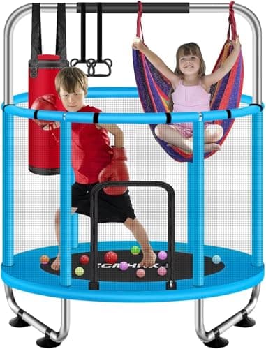 Image of ZCMHAXJ 55" Trampoline for Kids with Enclosure, 440lbs Capacity Indoor & Outdoor Toddler Trampoline with Adjustable Gymnastics Bar & Toys, Gifts for Boys & Girls