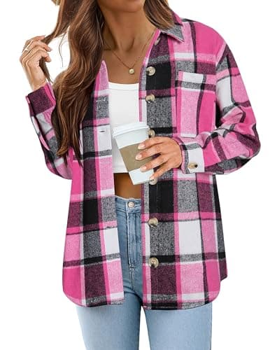 Image of Zeagoo Women's Flannel Shirt Oversized Checked Blouse with Pocket Long Sleeve Collar Button-Down Top Ladies Shacket Pink M