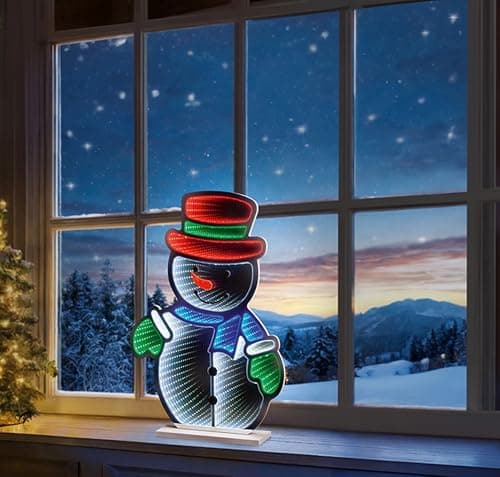 Image of Christmas Snowman Infinity LED Mirror Tunnel Light - 3D Decoration - 60cm - Red Hat
