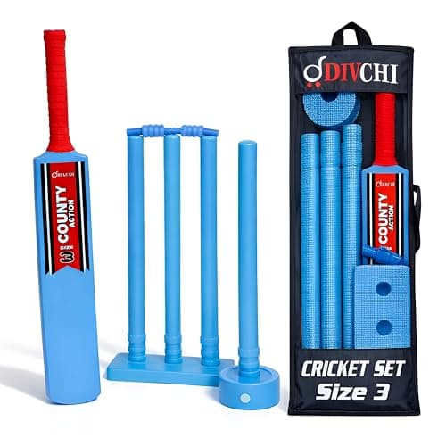 Image of DIVCHI Kids Plastic Cricket Set Size 3 with Bat, Ball & Stumps – Lightweight Outdoor Garden Cricket Kit with Carry Bag