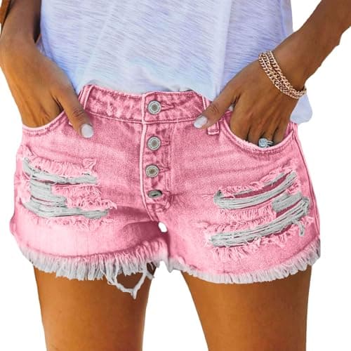 Image of Denim Shorts for Women UK, Mini Ripped Frayed Hem Jorts Low Wasited Causal Jeans Shorts Four Buttons Fly Denim Short Summer Beach Holliday Hot Pants with Pockets Pink