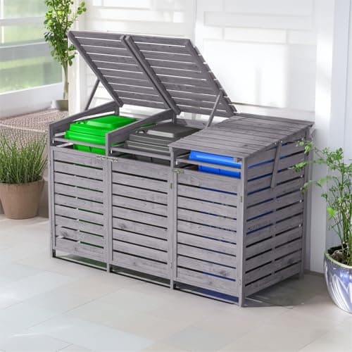 Image of Warmiehomy 3 Wheelie Bin Storage 3 x 240L Wooden Bin Storage for Wheelie Bins, Wooden Recycling Bins Store Outdoor, 1 CM Thick Wood Board, 198 x 86 x 122.5 CM, Grey