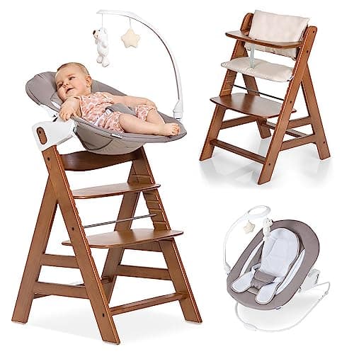 Image of hauck Alpha+ Highchair Newborn Set Deluxe Bouncer – Adjustable Wooden Highchair from Birth incl. Newborn Attachment and Seat Cushion – Walnut