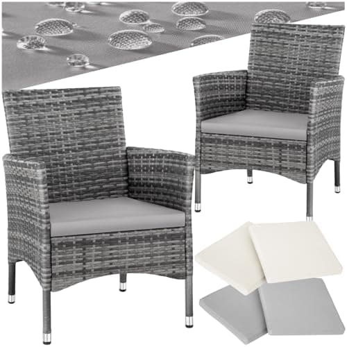 Image of tectake® Set of 2 Rattan Garden Chairs with UV-Resistant Polyrattan, Steel Frame & Outdoor Cushions, Incl. Water-Repellent Removable Covers in 2 Colours, For Garden, Patio & Balcony - Grey/Light Grey