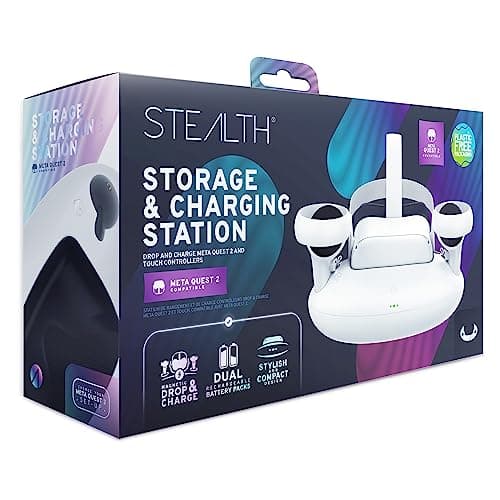 Image of STEALTH Store and Charge Station Compatible with Meta Quest 2, Featuring Magnetic Drop & Charge and Dual Recheargeable Battery Packs Compatible with Touch Controllers