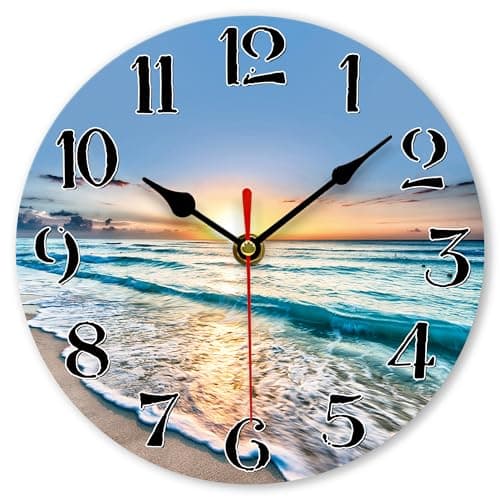 Image of VIKMARI Sea Beach Wall Clock, Small 8 Inch Lovely Blue Clock, Unusual Silent Non Ticking Modern Wall Clock for Bathroom Living Room Kitchen Bedroom Office