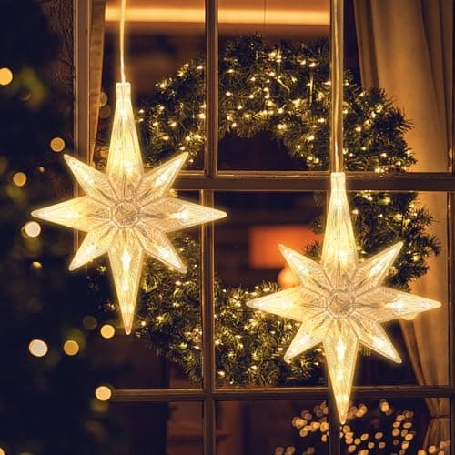 Image of Jsdoin LED Christmas Window Light 2pc North Stars, Twinkle Christmas Curtain Light Timer, Hanging Lights for Party Shop Window Xmas Decoration(Warm Light)