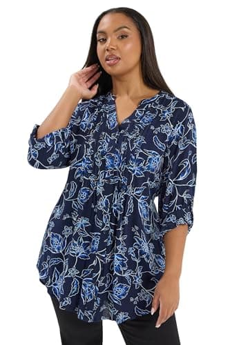 Image of Yours Curve Blue Floral Print Pintuck Blouse - Women's - Plus Size Curve