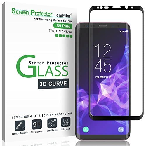 Image of amFilm Galaxy S9 Plus Screen Protector Glass, Full Cover (3D Curved) Tempered Glass Screen Protector with Dot Matrix for Samsung Galaxy S9+ (Black)