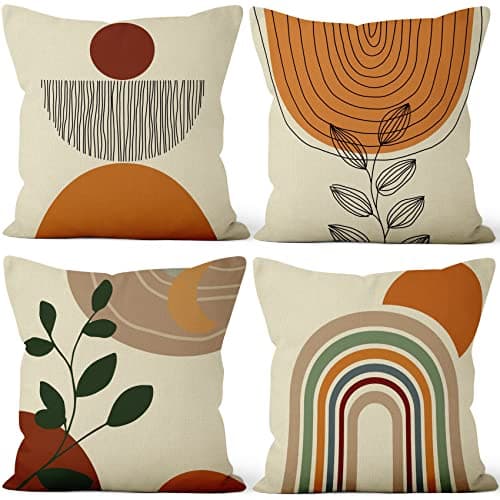 Image of Aoihrraan Boho Cushion Covers Pack of 4, 51 x 51 cm Abstract Rainbow Sun Throw Pillow Covers Mid Century Decorative Square Pillow Case, Linen Throw Pillowcases With Invisible Zipper for Sofa Car Bed
