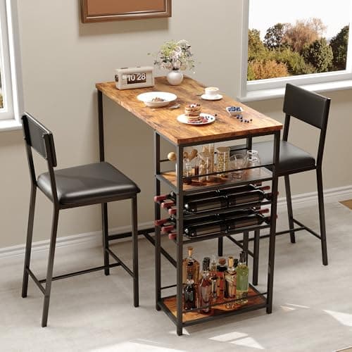 Image of Dining Table Set for 2 with Upholstered Chairs, 3 Piece Breakfast Bar Table Set with Open Storage Shelves, Built-in Cup Holder & Wine Rack, Modern Industrial Design for Kitchens, Apartments, Brown