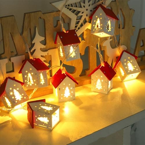 Image of DWE Christmas Lights, 6.56 FT 10 LED Wooden House Christmas String Lights Battery Operated Xmas Tree Decorations Lights for Xmas Tree Window Wall Home Garden Outdoor Indoor Party Decor (White)