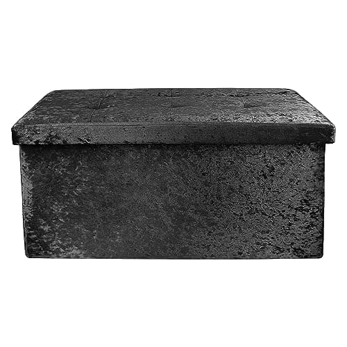 Image of DANIEL JAMES Housewares Large 2 Seater Crushed Velvet Foldable Ottoman Storage Box Double Bed Foot Stool (Black)