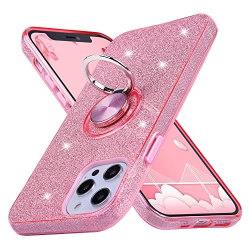 Image of wisdompro Glitter Case for iPhone 12 Pro Max, Cute Sparkle Bling Protective Case with Ring Kickstand, Girls Women Phone Cover for iPhone 12 Pro Max (6.7 Inch) - Pink