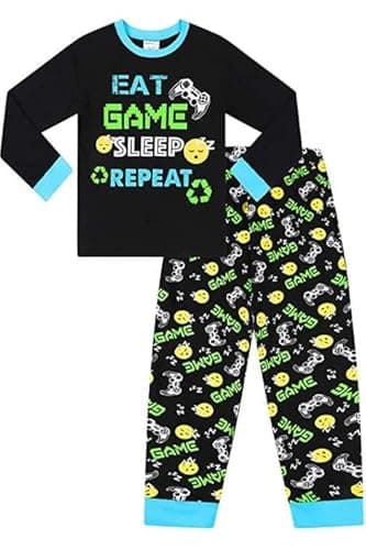 Image of ThePyjamaFactory Boys Eat Game Sleep Controller Black Green Long Pyjama Set Kids Pjs (12-13 Years)