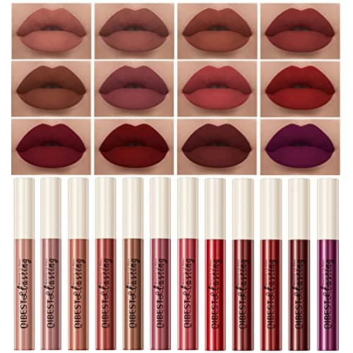Image of QiBest 12Pcs Matte Liquid Lipstick Set for Girls & Women, 24 Hours Long Lasting Waterproof Nude & Dark Red Lip Gloss Makeup Gift Kits, Velvet Non-Stick Cup Mate Duracion 24 Horas Originales Lip Stains