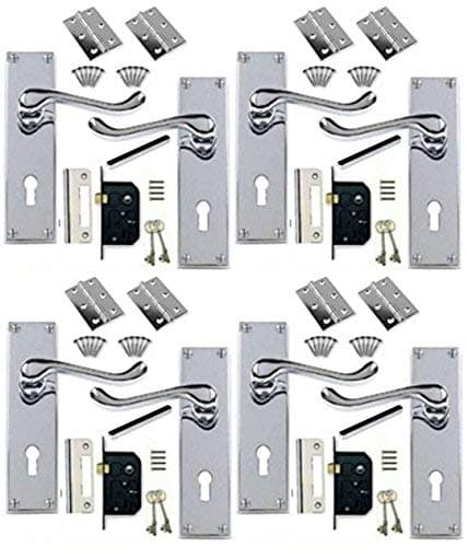 Image of Golden Grace Victorian Scroll Door Handle Lock in Polished Chrome with 2 Lever Lock & Hinges - 4 Sets