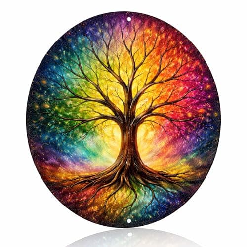Image of Yiruhe Rainbow Tree of Life Metal Sign – Spiritual Vintage Round Aluminum Wall Art for Meditation Room Yoga Studio Living Room Healing Space, 8x8 Inches (26070)