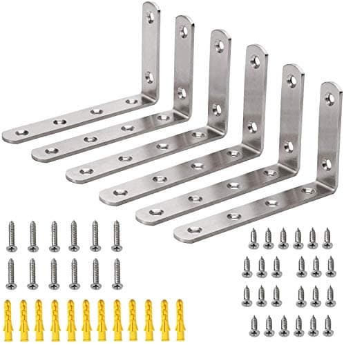 Image of Hyber&Cara 6 Pack Heavy Duty Right Angle Bracket Stainless Steel L Shaped Corner Brace Joint Wall Shelf Support, 125mm×75mm, Screws Included