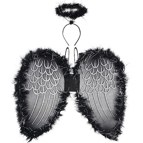 Image of VEYLIN Angel Wings And Halo, Halloween Dark Angel Fairy Wing With Silver Glitter and Halo Dress Women Fallen Angel Outfit (Black)
