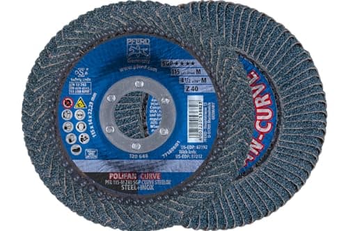 Image of PFERD POLIFAN®-Curve Radial Type Flap Disc - 4-1/2" x 7/8", 40 grit Zirconia, Welding Accessory and Angle Grinder Attachment - For Steel and Stainless Steel (INOX) Grinding - Pack of 1 - Part 67192