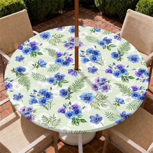 Image of ARTSGOO Round Outdoor Tablecloth with Parasol Hole 90cm/36in, Blue-Purple Flowers Wipeable Waterproof Elastic Edge Fitted Table Cover for Patio, Garden & Terrace Dining – Durable Non-Woven Fabric